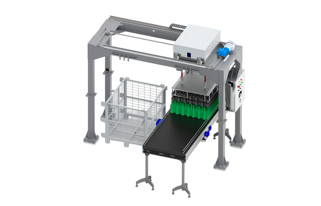 Cargador / Descargador de jaulones: una de las máquinas de Mecanizaciones Alavesas e Irundin, fabricantes de maquinaria de embotellado y líneas completas